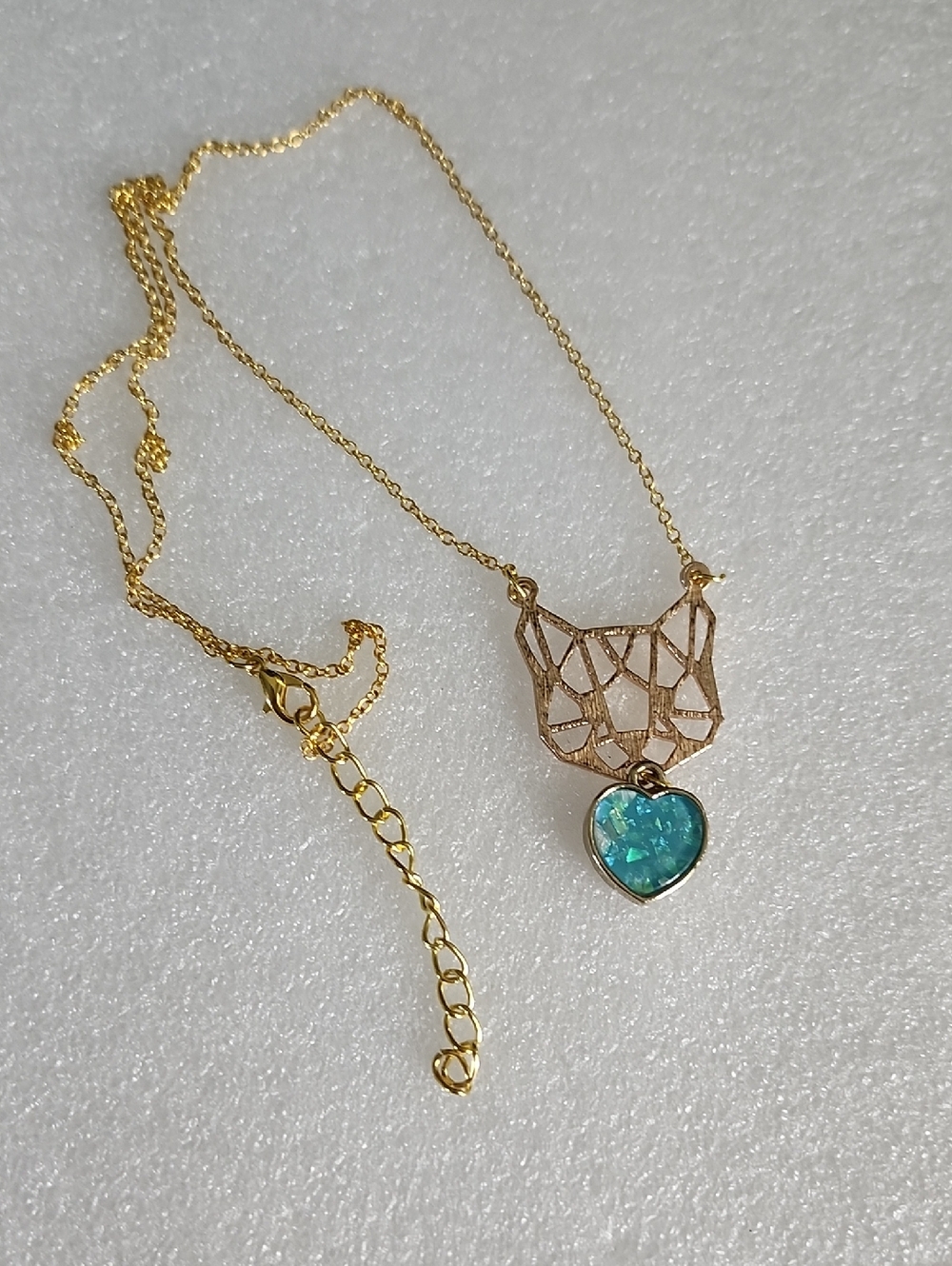 Hand Crafted Gold Cat Pendant Necklace with Aqua Heart